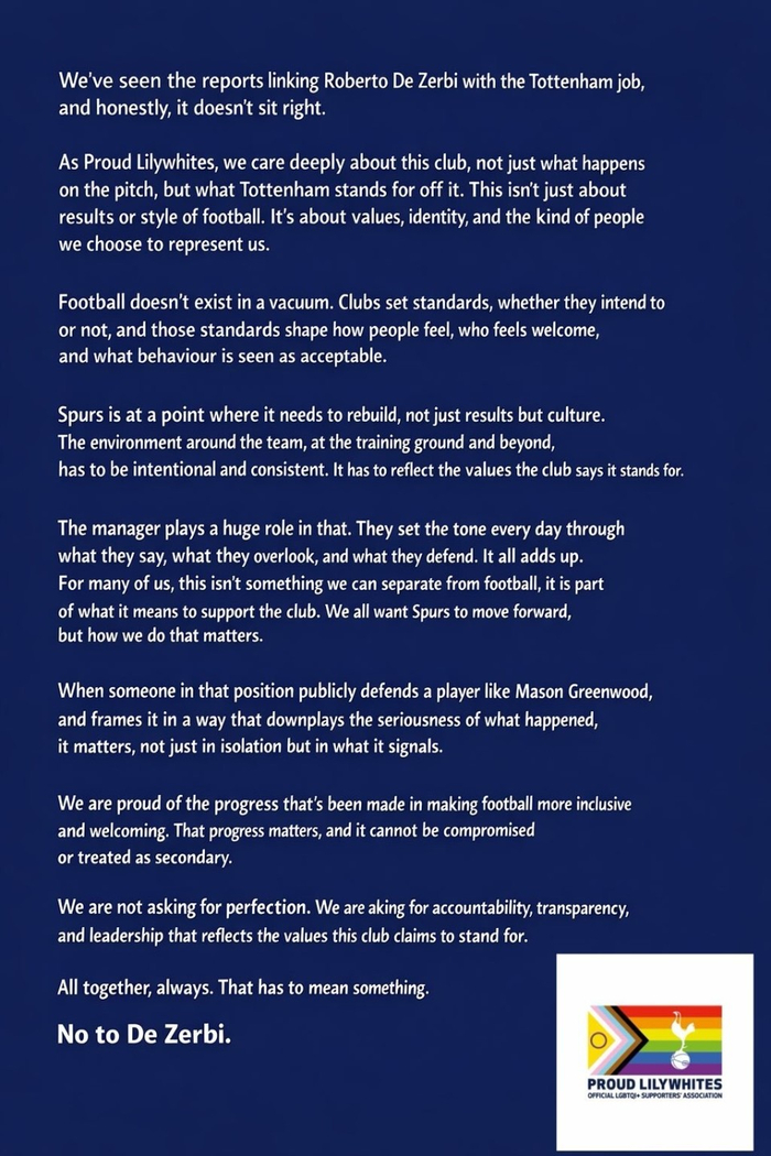 热刺三大球迷组织联名反对德泽尔比接任主帅