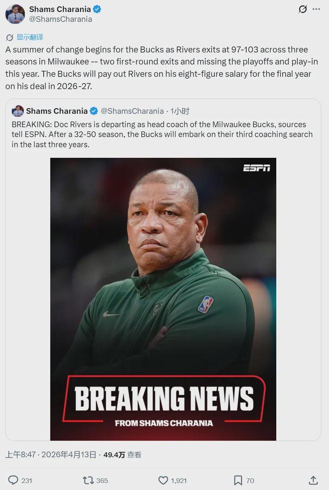 雄鹿主帅里弗斯因合同分歧遭解雇 离队意愿明确